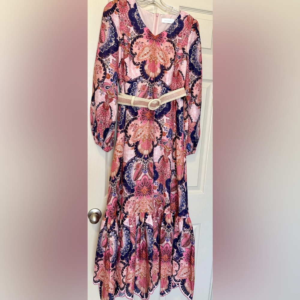 ZIMMERMAN LAUREL BILLOW EMB MIDI DRESS - SIZE AU2/US8 - NAVY BAROQUE FLORAL NWT